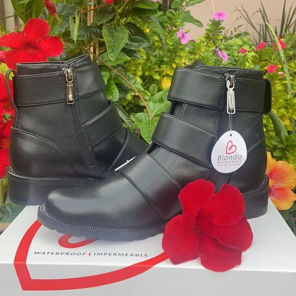 ☔️ New Blondo Black Leather Combat Booties WATERPROOF ☔️ - Picture 3 of 16